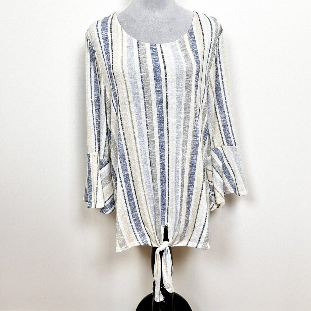 New Directions Striped Top Blouse Bell Sleeve Front Tie Stretch‎ XL Boho Peasant